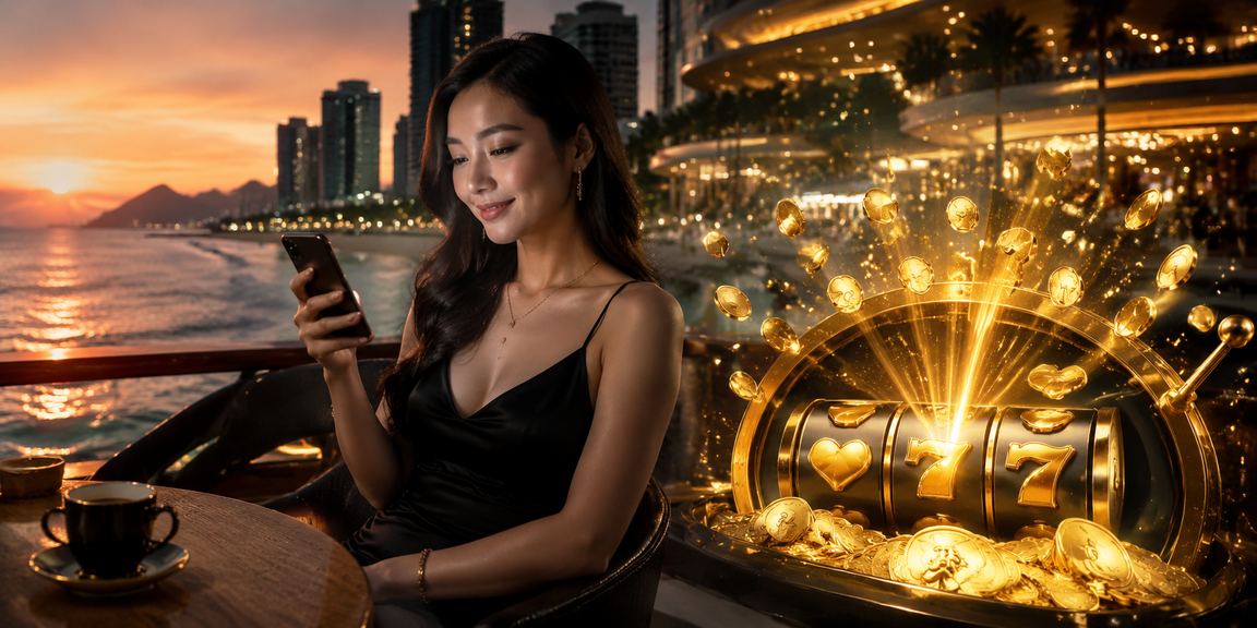 Người chơi slot game tại Đà Nẵng thưởng thức cà phê và theo dõi jackpot trên điện thoại